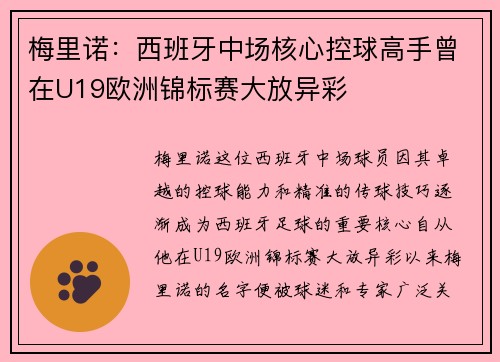 梅里诺：西班牙中场核心控球高手曾在U19欧洲锦标赛大放异彩