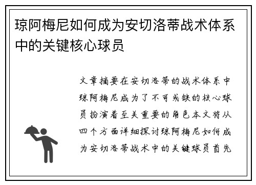 琼阿梅尼如何成为安切洛蒂战术体系中的关键核心球员 琼阿梅尼如何成为安切洛蒂战术体系中的关键核心球员